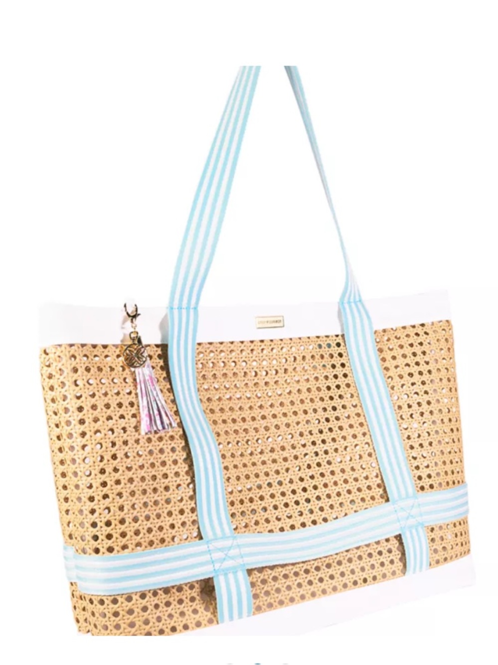 Lilly Pulitzer ⭐️NWT⭐️Woven Straw Tote with White Trim & Aqua Straps - Picture 3 of 5